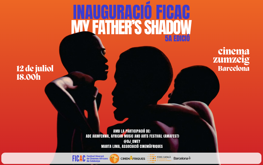 Cartell acte inauguració Vè FICAC amb un fotografama del film My Father's Shadow on surten les sombres d'un home gran amb dos nens agafats